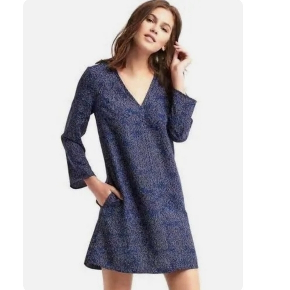 GAP Blue Dot Print A-Line Swing Dress Business Casual Comfortable Long Sleeve M - Picture 1 of 9